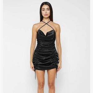 Ruched Satin Mini Dress - Black from Maniere De Voir